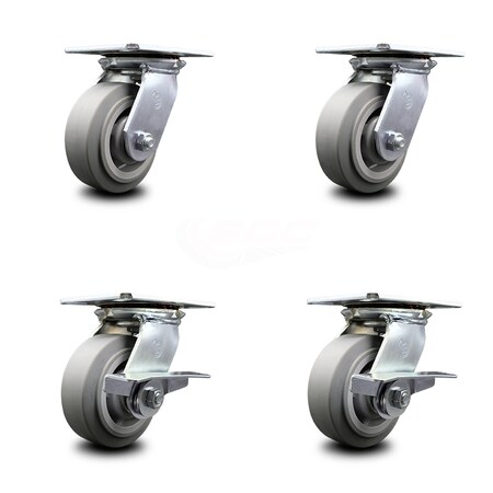 Service Caster 5 Inch Thermoplastic Rubber Swivel Caster Set with Roller Bearings 2 Brakes SCC SCC-35S520-TPRRF-2-SLB-2
